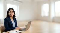 Young woman with dark wavy hair and medium skin tone, wearing navy blazer and light blue shirt, working on laptop at wooden desk in bright, modern office space with large windows.
