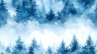 Dreamy winter forest landscape in blue watercolor technique with snowy pine trees silhouettes and falling snow against misty background.