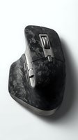 Premium wireless computer mouse with carbon fiber texture and metal scroll wheel, isolated on white background for tech and office use.