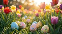 Colorful Easter eggs nestled in green grass among vibrant tulips and daffodils with warm golden sunlight creating magical bokeh background for spring celebration.