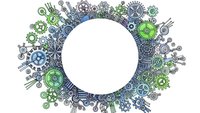 Mechanical gears and cogs frame with white circle center in blue and green colors for industrial design projects and engineering presentations.