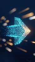 Glowing turquoise and gold particle arrow pointing right on dark blue background with bokeh lights, representing direction, progress, and digital transformation for business presentations.