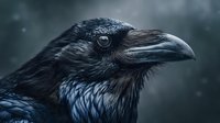 Majestic black raven portrait with detailed feathers and piercing dark eye against moody blue-gray background for wildlife and nature projects.