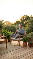 Mature Caucasian man relaxing with coffee on wooden deck surrounded by potted plants during golden hour sunset creating peaceful outdoor living space.