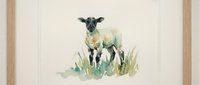 Watercolor sheep standing in grass field with soft brushstrokes and natural colors for farmhouse decor and pastoral artwork.