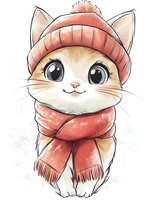 Adorable cartoon kitten wearing pink winter hat and scarf, with big expressive eyes and sweet smile, drawn in soft watercolor style on white background.