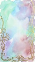 Pastel watercolor background with gold floral border, soft teal, purple and pink washes, elegant art nouveau frame for cards and invitations.