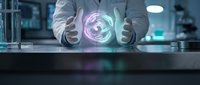Scientist in white lab coat holding glowing digital hologram sphere in modern laboratory setting with futuristic technology interface for research innovation.