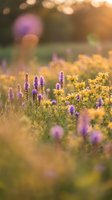 Wildflower meadow with purple lavender and yellow blooms in golden sunset light creating dreamy bokeh background for natural wellness and aromatherapy concepts.