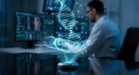 Male scientist analyzing holographic DNA double helix structure in modern laboratory with digital technology for genetic research and biotechnology applications.