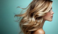 Young Caucasian woman with flowing blonde wavy hair in motion against turquoise background, side view profile showing natural makeup and bare shoulders.