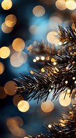 Festive pine tree branch with golden lights and bokeh effect against dark blue background, creating magical holiday atmosphere.
