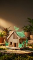 Wooden house model with green energy icons including solar panels and wind turbines representing sustainable eco-friendly home technology and renewable power.
