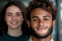 Close up portrait of young diverse couple smiling at camera, mixed race man with curly hair in foreground and caucasian woman with dark hair in background.