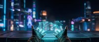 Hands holding glowing holographic digital cube with upward arrow graph in futuristic neon city environment, representing financial growth, technology innovation, and business success for corporate presentations.