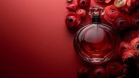 Elegant round glass perfume bottle surrounded by fresh red ranunculus flowers on dark red background with copy space for luxury cosmetic product.