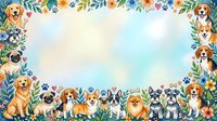 Watercolor dog breeds border frame with various puppies and botanical elements on cream background, isolated for greeting cards, invitations, pet business designs, and children's illustrations.