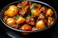 Hearty beef stew with tender meat chunks, baby potatoes, and carrots in rich brown gravy, garnished with fresh herbs, served in black ceramic bowl.