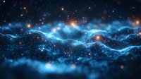 Glowing cosmic waves with luminous particles and stars in deep space create mystical atmosphere against dark background. Magical nebula formation in universe.