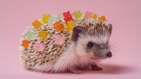 Adorable hedgehog decorated with colorful gummy bears on pink background for creative design projects and sweet themed concepts.