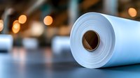 White paper towel roll on dark surface with blurred bokeh lights in background, showing texture and cylindrical shape in soft focus macro photography.