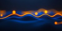 Glowing orange wave line against dark blue background with bokeh lights creates dynamic motion effect, suitable for technology and abstract designs.