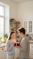 Young couple exchanging gift in modern kitchen interior with natural light and plants for romantic occasions and celebrations.