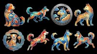 Colorful decorative dog illustrations with ornate patterns and metallic accents, isolated on transparent background. Ready for clipart, t-shirt design, stickers, sublimation, and print-on-demand products.