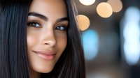 Young woman with dark hair and radiant smile against blurred bokeh lights background, expressing confidence and joy. Natural makeup and glowing skin showcase modern beauty.