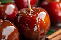 Glossy red candy apples with caramel coating on wooden sticks, traditional fall carnival treat for autumn festivals and Halloween celebrations.