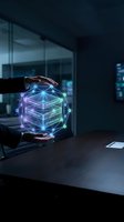 Businessman holding glowing holographic sphere with interconnected data layers and network nodes in modern office environment for technology and innovation concepts.