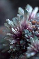 Macro photograph of purple and teal crystal formation showing detailed mineral structure with translucent pointed formations growing from rocky substrate.
