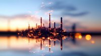 Oil refinery industrial plant with smoking chimneys reflecting in water at sunset with bokeh lights, dramatic sky and clouds in background for environmental concept.
