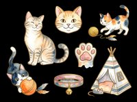 Cute cats and pet accessories isolated on transparent background, ready for t-shirt designs, stickers, clipart, print-on-demand products and sublimation projects.