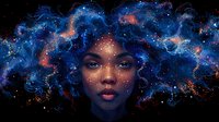 Cosmic portrait featuring ethereal blue and orange nebula-like hair flowing against dark background, stars and celestial elements creating magical atmosphere.