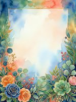 Watercolor floral frame with roses, berries, and lush green leaves on a soft pastel background with golden border accents for cards.