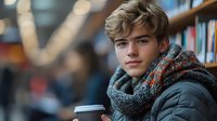 Young male student in winter attire holding coffee cup at library. Soft natural lighting creates cozy atmosphere while studying. Modern lifestyle and education concept.