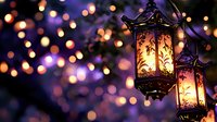 Glowing oriental lanterns with ornate patterns against blurred bokeh lights background create magical festive atmosphere. Decorative elements for Ramadan season.
