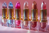 Row of colorful lipsticks in gold tubes on pink background, showcasing various shades from purple and blue to pink and nude for makeup artistry.