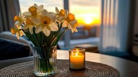 Fresh white daffodils in glass vase with glowing candle on woven placemat creating warm cozy home atmosphere during golden hour sunset through window.