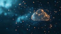 Glowing cloud shape with sparkles and bokeh effects on dark turquoise background, representing digital cloud computing and data storage technology.