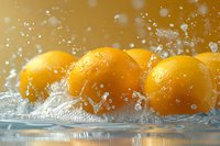Fresh yellow lemons splashing in clear water against golden background, creating dynamic water droplets for food and beverage advertising.