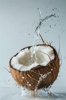 Fresh coconut half with dramatic water splash against light blue background, capturing dynamic liquid motion for food and beverage advertising.
