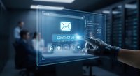Professional hand touching futuristic holographic contact interface with email icon and security elements in modern data center environment.
