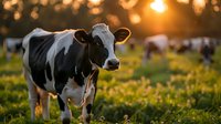 Holstein dairy cow standing in green pasture at golden sunset, backlit by warm sunlight with bokeh effect in background, other cows grazing in distance.
