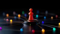 Red game piece on black platform connected to colorful spherical nodes with glowing lines, representing network connections, leadership and strategic planning.