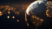 Glowing Earth globe showing Americas with city lights at night against dark background with golden bokeh lights, global connectivity concept.
