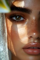 Close-up portrait showing green eye, full lips and glowing skin with natural sunlight casting soft shadows through sheer fabric, creating ethereal beauty lighting effect.