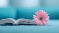 Single pink gerbera daisy resting on open book pages against turquoise background, creating peaceful reading atmosphere for relaxation and mindfulness concepts.