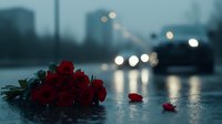 Red roses lying on wet asphalt during rainy evening, with blurred city lights and reflections creating moody atmospheric scene. Romance and melancholy concept.